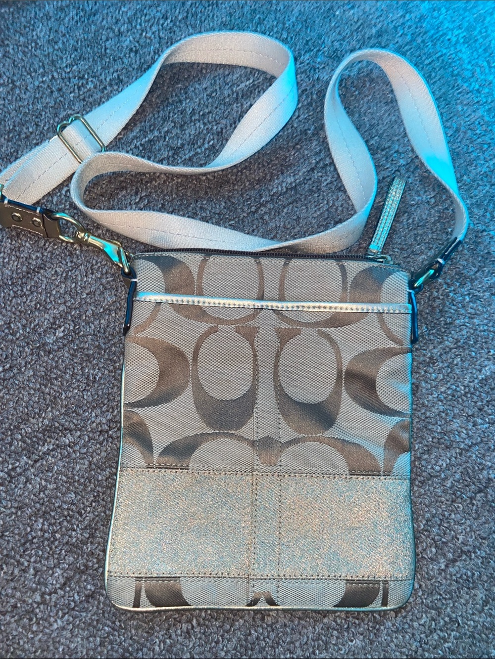 Coach Brown Signature Crossbody with Metallic Trim